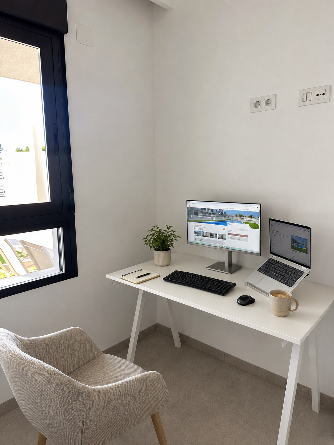 Remote werkplek in Casa Jette met beeldscherm, toetsenbord en muis bij het raam